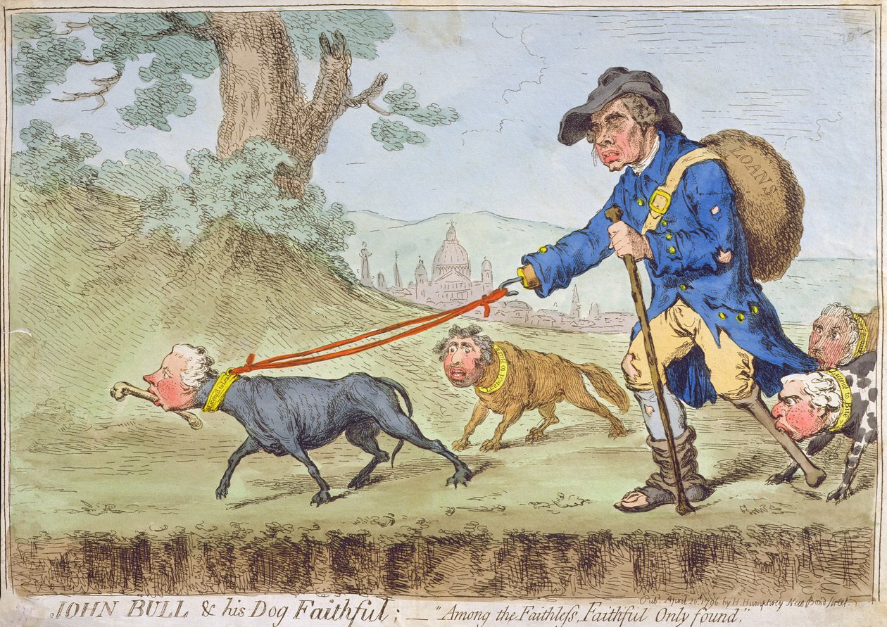 John Bull und his Dog Faithful, julkaissut Hannah Humphrey vuonna 1796 (käsinvärinen etsaus) tekijältä James Gillray