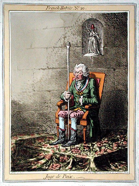 Juge de Paix, levy 10 Hannah Humphreyn vuonna 1798 julkaisemasta "French Habits" -julkaisusta (värillinen etsaus) tekijältä James Gillray