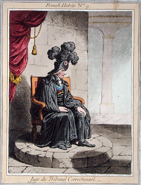 Juge du Tribunal Correctionnel, levy 9 julkaisusta "French Habits", julkaissut Hannah Humphrey vuonna 1798 (värillinen etsaus) tekijältä James Gillray