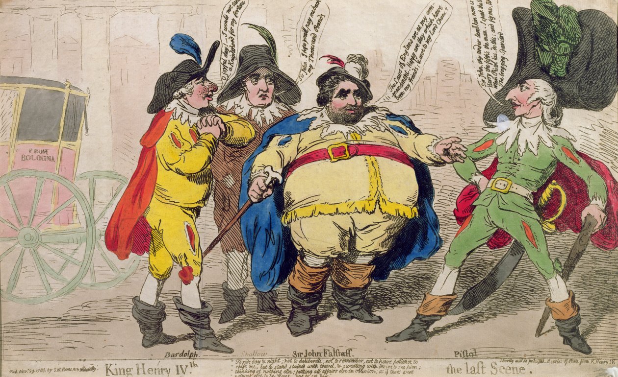 Kuningas Henrik IV: viimeinen kohtaus, julkaissut S.W. Fores vuonna 1788 (käsin väritetty etsaus). tekijältä James Gillray
