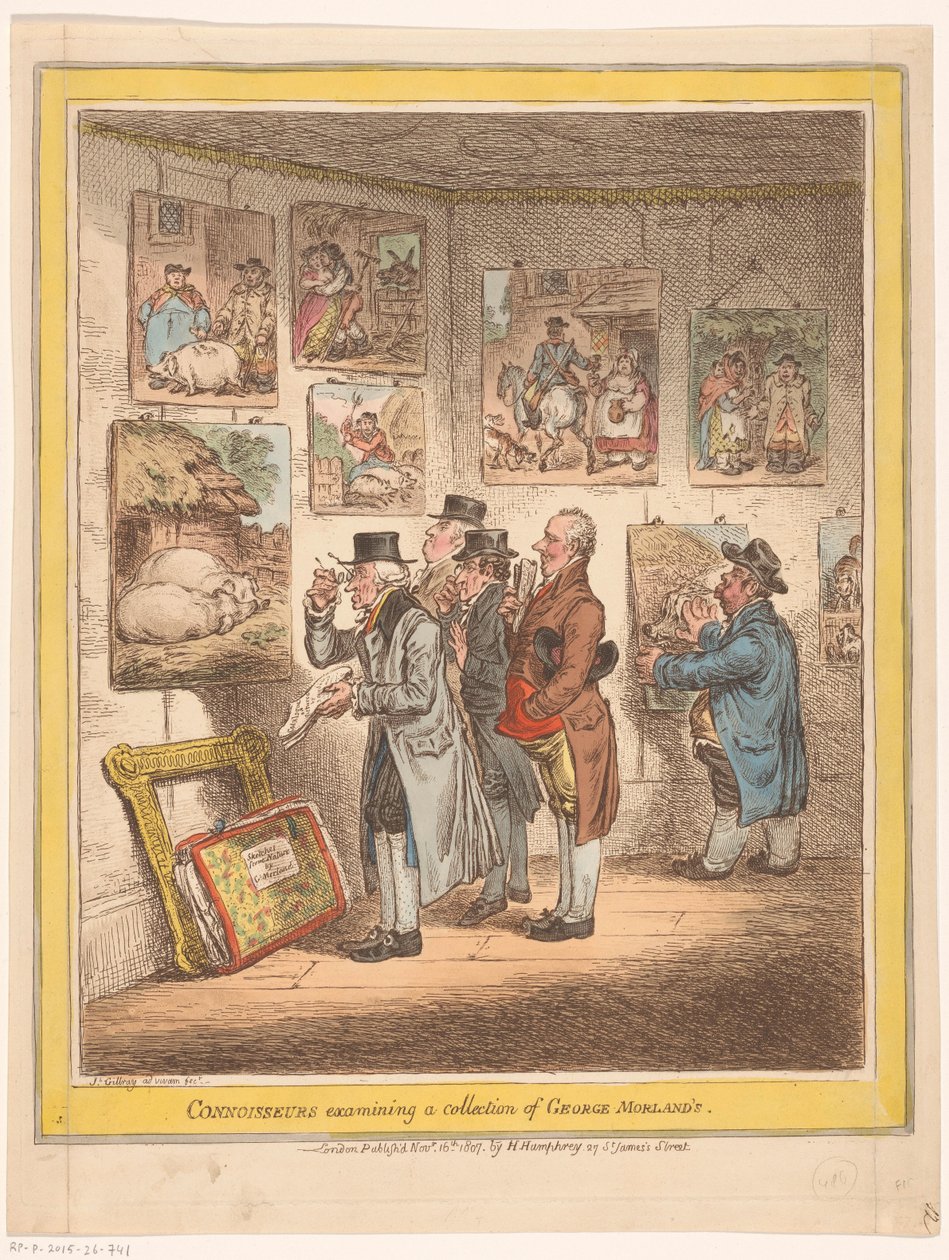 Taiteen asiantuntijat katselevat George Morlandin maalauksia Asiantuntijat tutkivat George Morlandin kokoelmaa (otsikko esineessä) tekijältä James Gillray