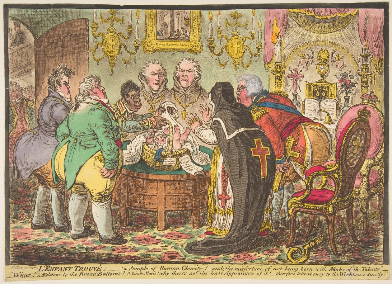 LEnfant Trouvé: - näyte roomalaisesta hyväntekeväisyydestä! - tai syntymättömän epäonni..., 19. toukokuuta 1808. tekijältä James Gillray