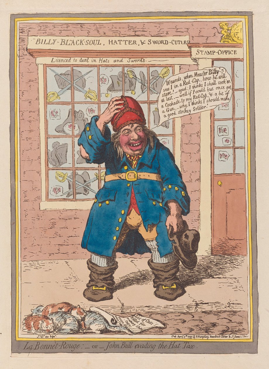 La Bonnet Rouge tai John Bull kiertää hattuveroa, pubi. 1797 (käsinvärinen kaiverrus) tekijältä James Gillray