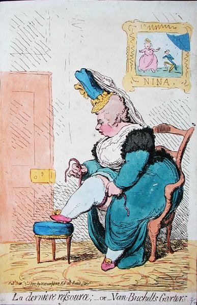 La Derniere Resource tai Van Buchells Garters, julkaissut Hannah Humphrey vuonna 1791 (käsinvärinen etsaus) tekijältä James Gillray