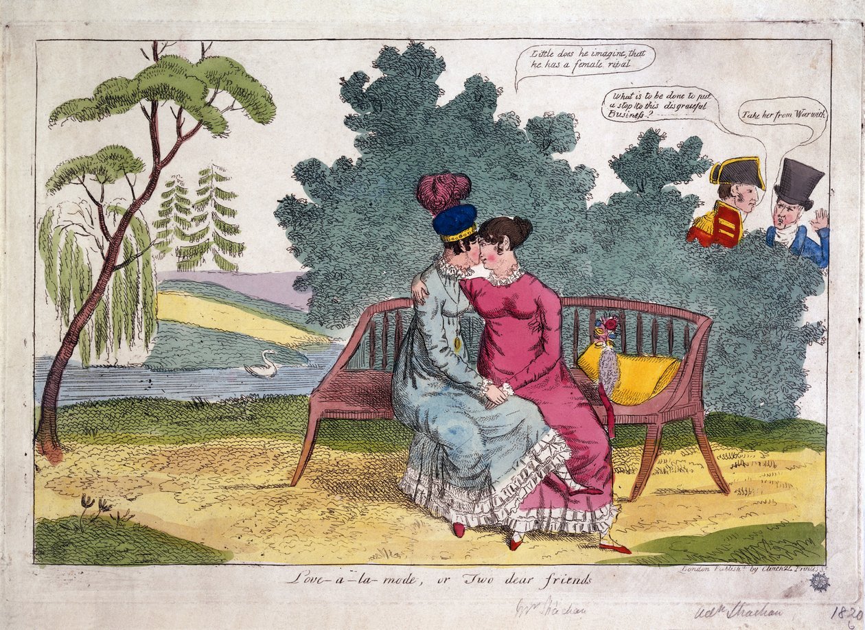 Lady Strachan ja Lady Warwick rakastelevat puistossa, kun heidän aviomiehensä katsovat paheksuvasti. tekijältä James Gillray