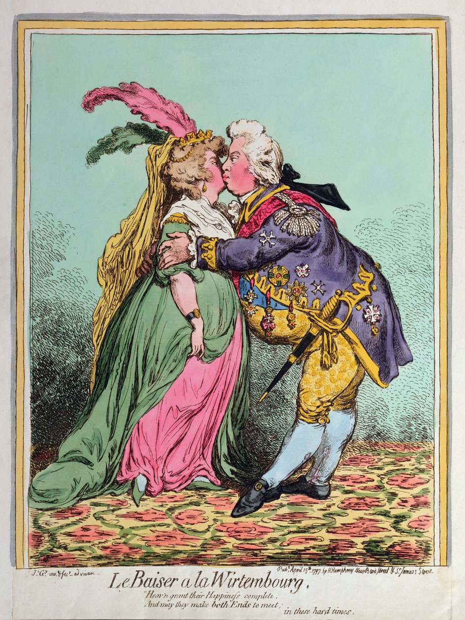 Le Baiser a la Wirtembourg, julkaissut Hannah Humphrey vuonna 1797 (käsinvärinen etsaus) tekijältä James Gillray
