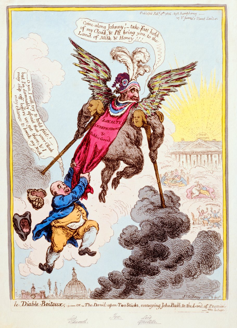 Hannah Humphreyn vuonna 1806 julkaisema Le Diable-Boiteux eli Paholainen kahdella kepillä, joka välittää John Bullin lupausten maahan, julkaisi Hannah Humphrey vuonna 1806 (käsinvärinen etsaus) tekijältä James Gillray