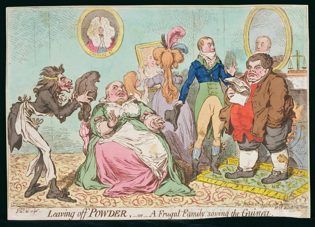 Leaving off Powder, eli säästäväinen perhe pelastaa Guinean, julkaissut Hannah Humphrey vuonna 1795 (käsinvärinen etsaus) tekijältä James Gillray