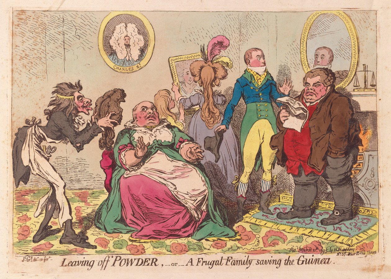 Leaving pois Powder tai säästäväinen perhe pelastamassa Guineaa, pub.1795 (käsinvärinen kaiverrus) tekijältä James Gillray