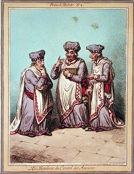 Les Membres du Conseil des Anciens, levy 2 julkaisusta "French Habits", julkaissut Hannah Humphrey vuonna 1798 (värillinen etsaus) tekijältä James Gillray