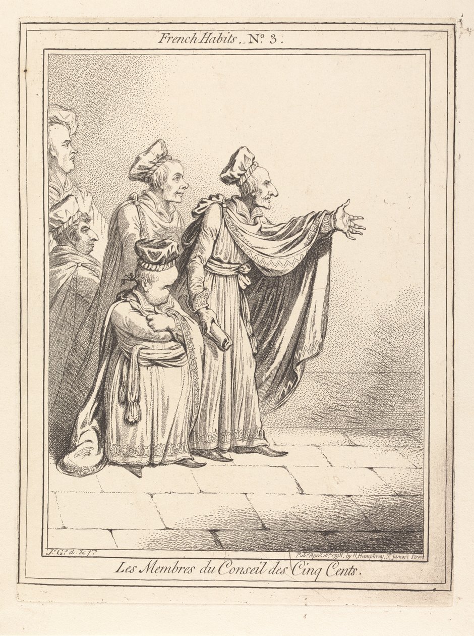 Viidensadan neuvoston jäsenet. Ranskalaisia asuja nro 3 tekijältä James Gillray