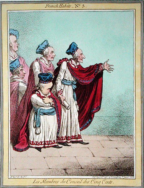 Les Membres du Conseil des Cinq Cents, "French Habits" -julkaisun levy 3, julkaissut Hannah Humphrey vuonna 1798 (värinen etsaus) tekijältä James Gillray