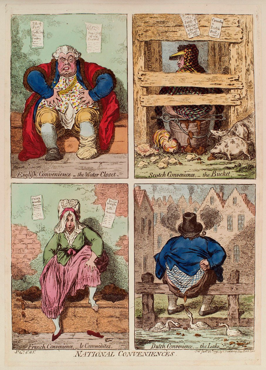 Kansalliset hyödykkeet. (Englannin, Skotlannin, Ranskan ja Hollannin wc-tilojen kuvaus ja vertailu). James Gillrayn (1757-1815) teos, kaiverrus ja akvarelli tekijältä James Gillray