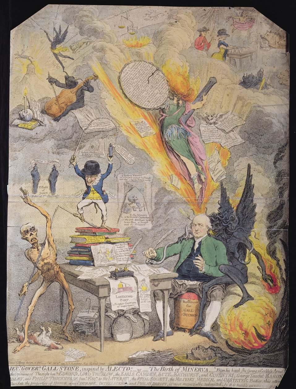 Luutnantti Gall-Stone, innoittamana Hannah Humphreyn vuonna 1790 julkaisema Alecto, or The Birth of Minerva (etsaus ja akvatintta). tekijältä James Gillray