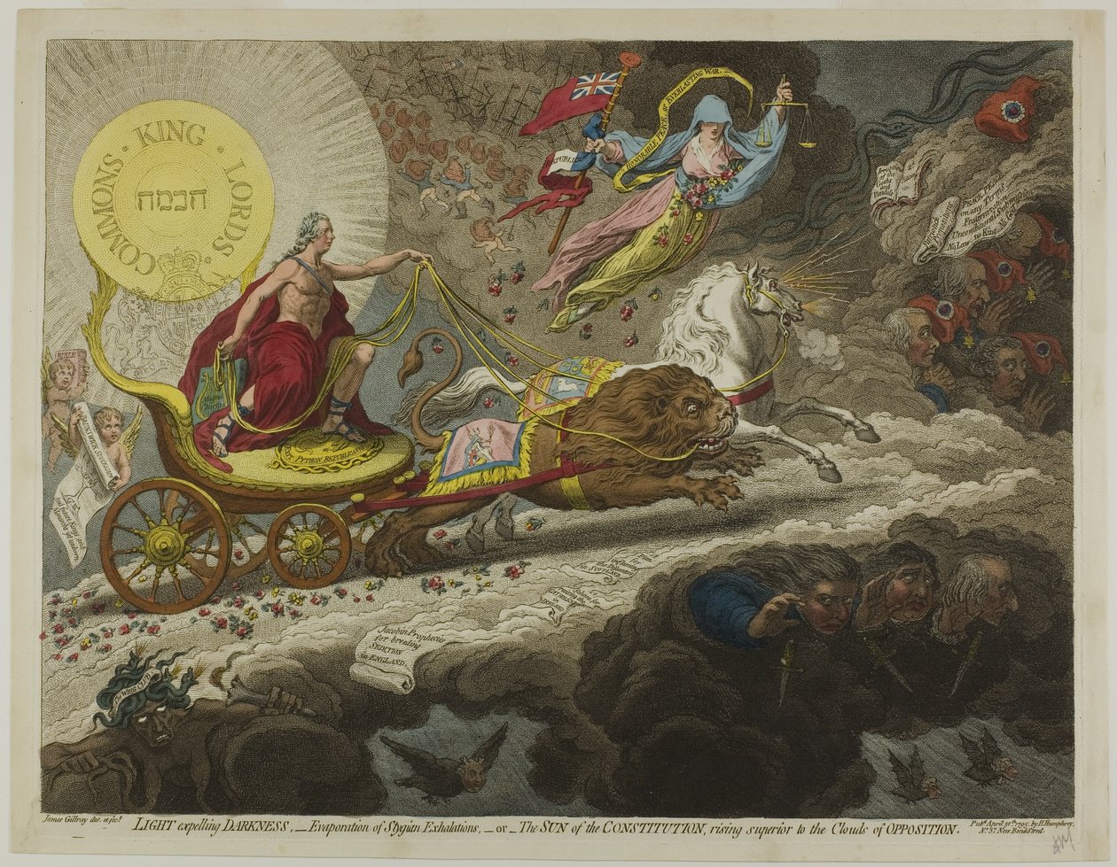 Valo, joka karkottaa pimeyttä, - Stygian uloshengitysten haihtuminen - tai - Perustuslain aurinko, nouseva vastustuksen pilvien yli tekijältä James Gillray