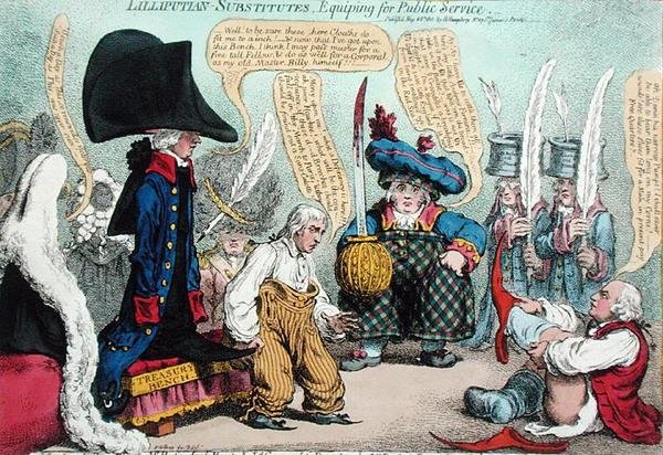 Lilliputian-Substitutes, Equipping for Public Service, julkaissut Hannah Humphrey vuonna 1801 (käsinvärinen etsaus) tekijältä James Gillray