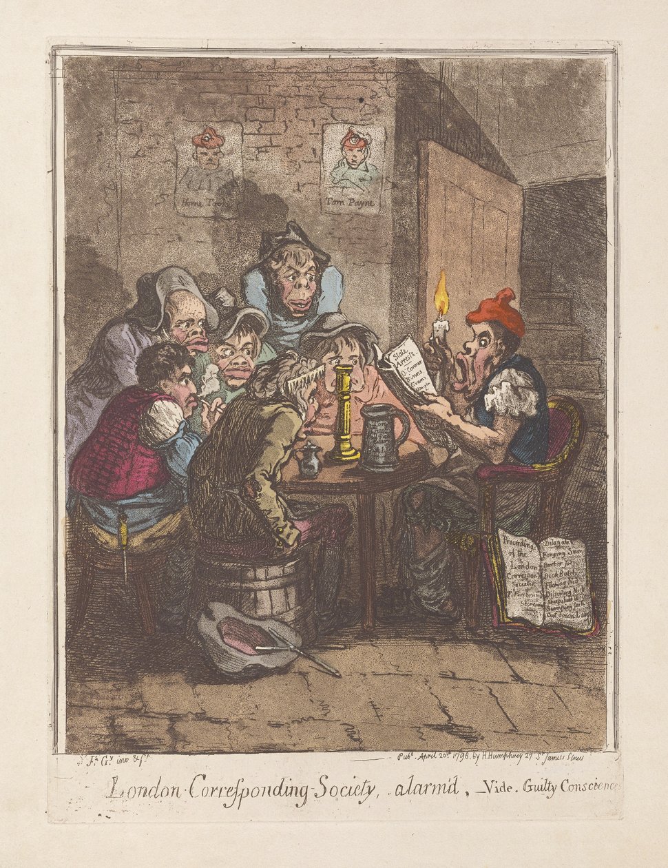 London Corresponding Society, alarmd, vide. Guilty Consciences, pub. 1796 (käsin väritetty kaiverrus). tekijältä James Gillray