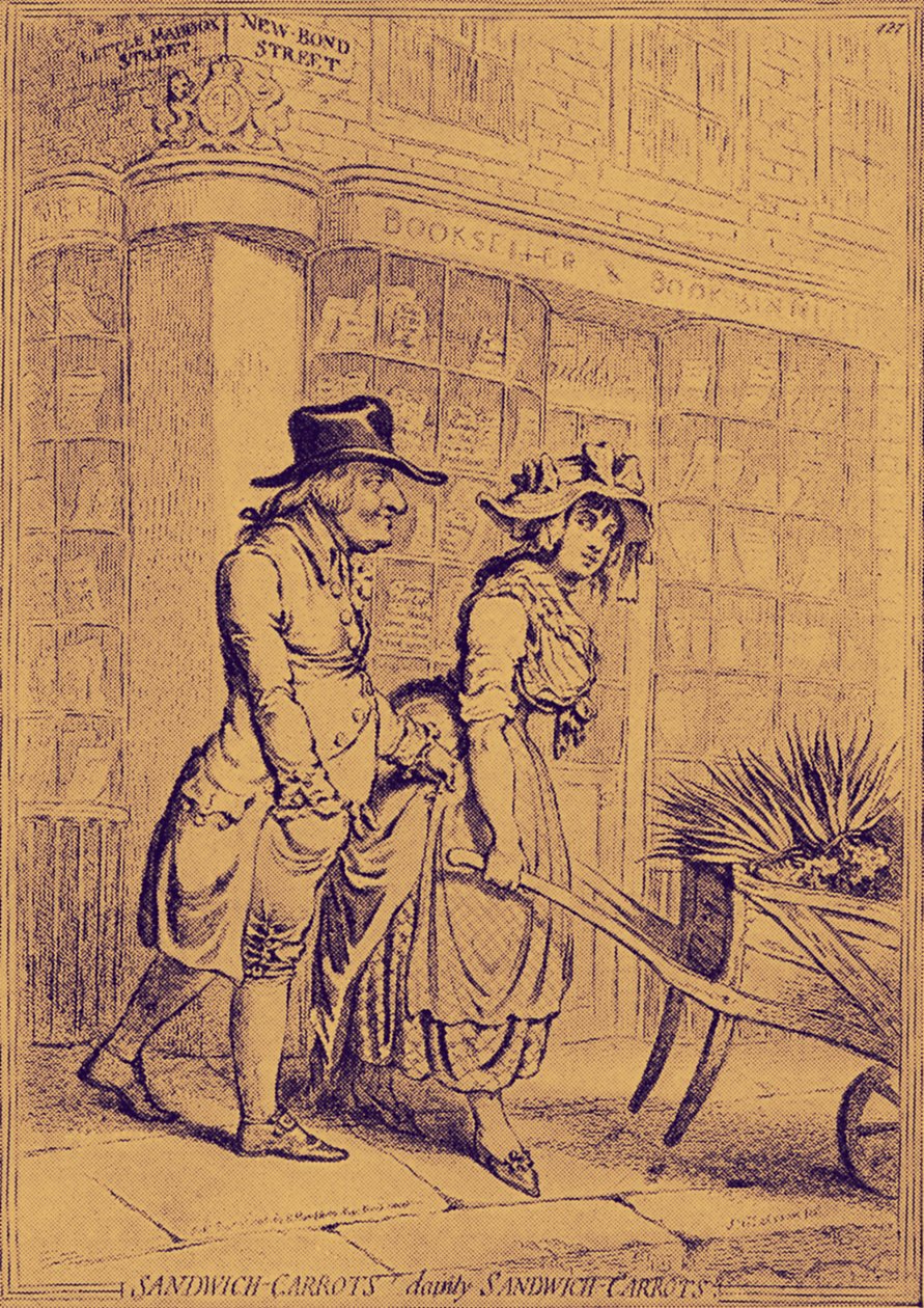 Lord Sandwich kiinnittää huomiota kukkamyyjään tekijältä James Gillray