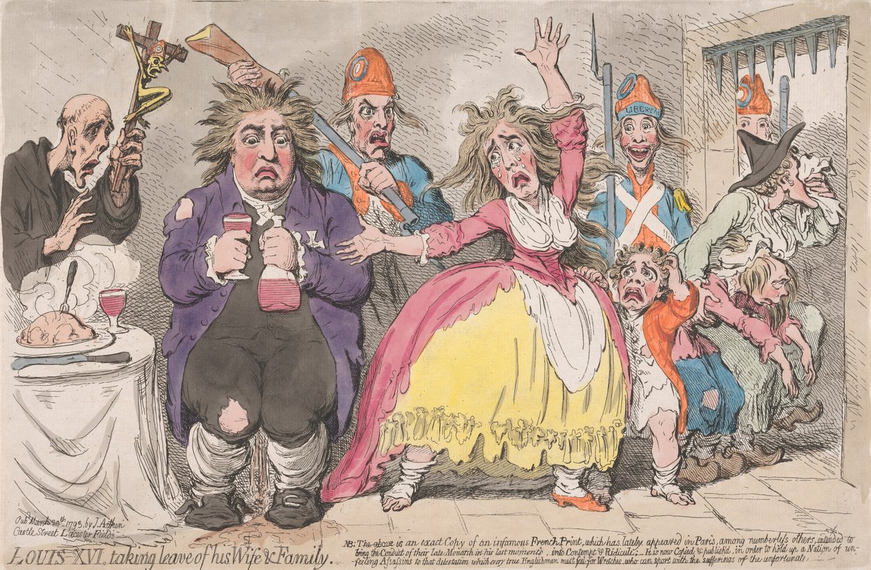 Ludvig XVI jättää hyvästit vaimolleen ja perheelleen tekijältä James Gillray