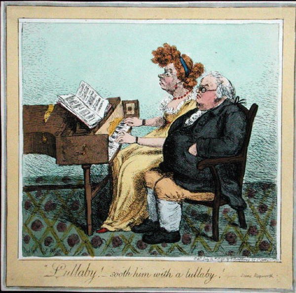 "Tuutulaulu - rauhoittaa häntä kehtolaululla!" julkaissut Hannah Humphrey vuonna 1798 (käsinvärinen etsaus) tekijältä James Gillray