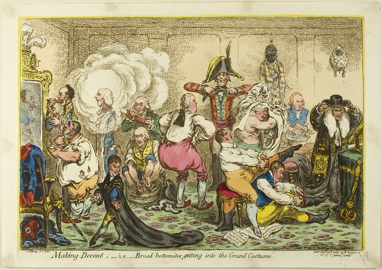 Kunnon tekeminen; ts. leveäpohjaiset pääsevät suureen pukuun tekijältä James Gillray