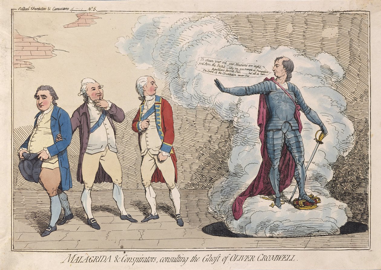 Malagrida & Conspirators, konsultoi Ghost of Oliver Cromwellia, pubi. 1782 (käsinvärinen kaiverrus) tekijältä James Gillray