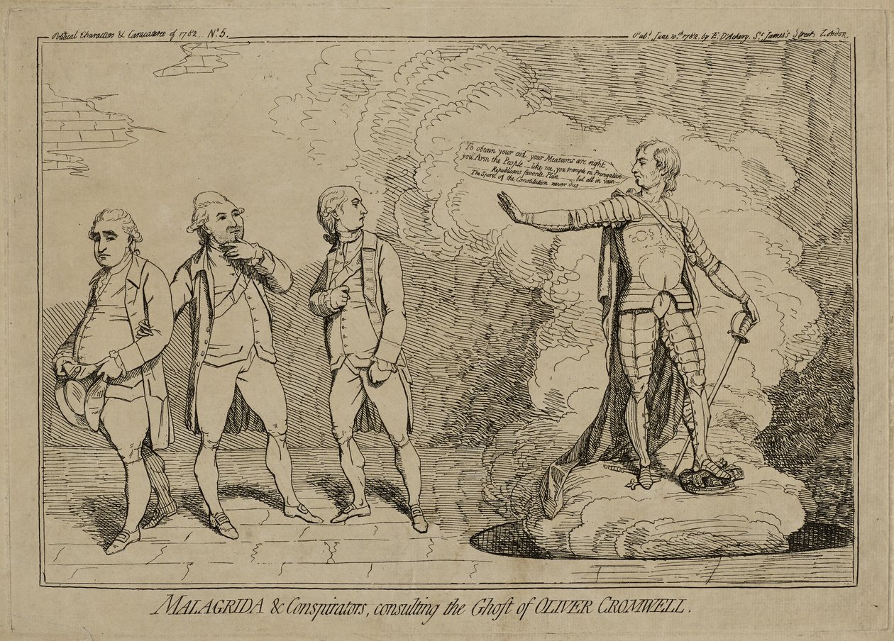 Malagrida and Conspirators, Consulting the Ghost of Oliver Cromwell, julkaistu 10. kesäkuuta 1782 (etsaus kudottupaperille upotetulle paperille) tekijältä James Gillray