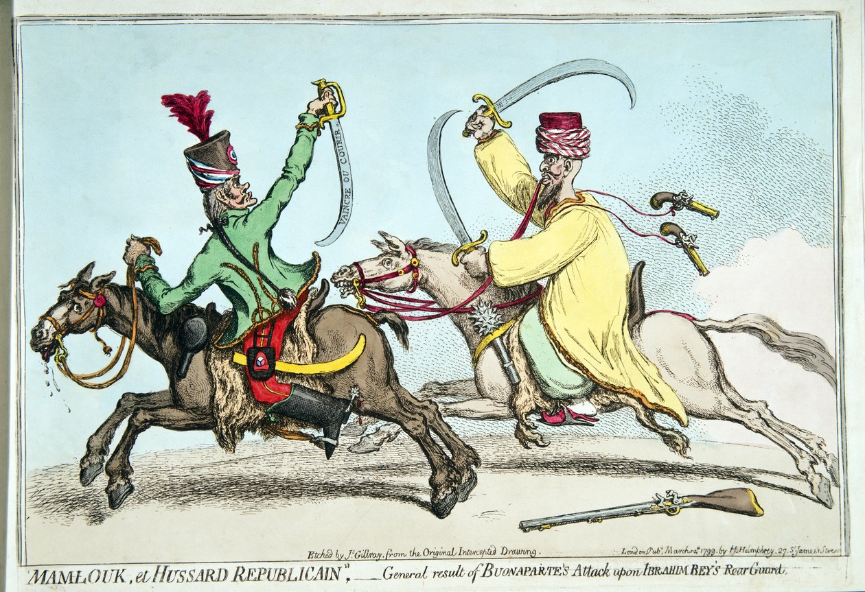Mamlouk et Hussard Republicain eli yleinen tulos Bonaparten hyökkäyksestä Ibrahim Beyn takavartijaa vastaan, julkaissut Hannah Humphrey vuonna 1799 (käsinvärinen etsaus) tekijältä James Gillray