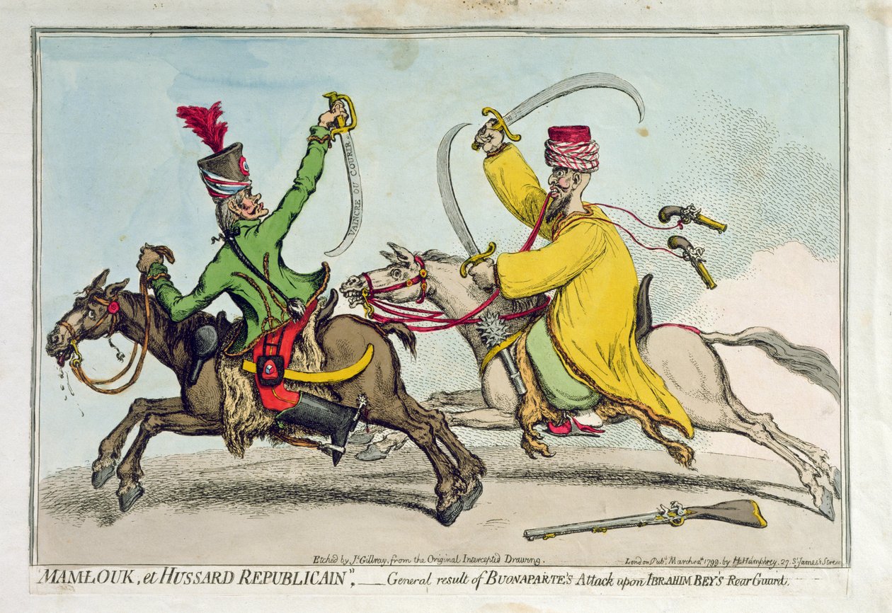 Mamlouk et Hussard Republicain eli yleinen tulos Bonaparten hyökkäyksestä Ibrahim Beyn (1735-1817) takavartioon, julkaissut Hannah Humphrey vuonna 1799 (käsinvärinen etsaus) tekijältä James Gillray