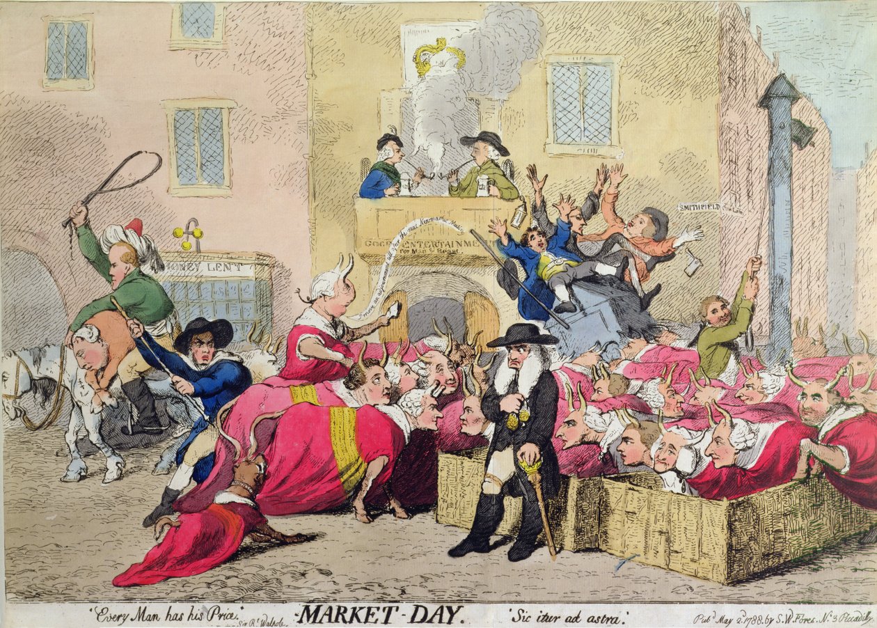 Market Day, julkaisija S.W. Fores vuonna 1788 (käsinvärinen etsaus) tekijältä James Gillray