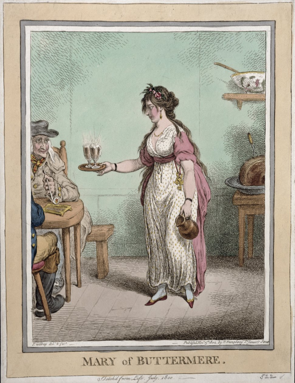 Mary of Buttermere, luonnosteltu elämästä heinäkuussa 1800, julkaissut Hannah Humphrey vuonna 1802 (käsinvärinen etsaus) tekijältä James Gillray