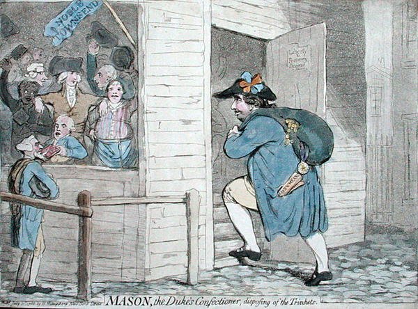 Mason, herttuan kondiittori, joka hävittää juomia, Hannah Humphreyn julkaisema 1788 (käsin väritetty etsaus). tekijältä James Gillray