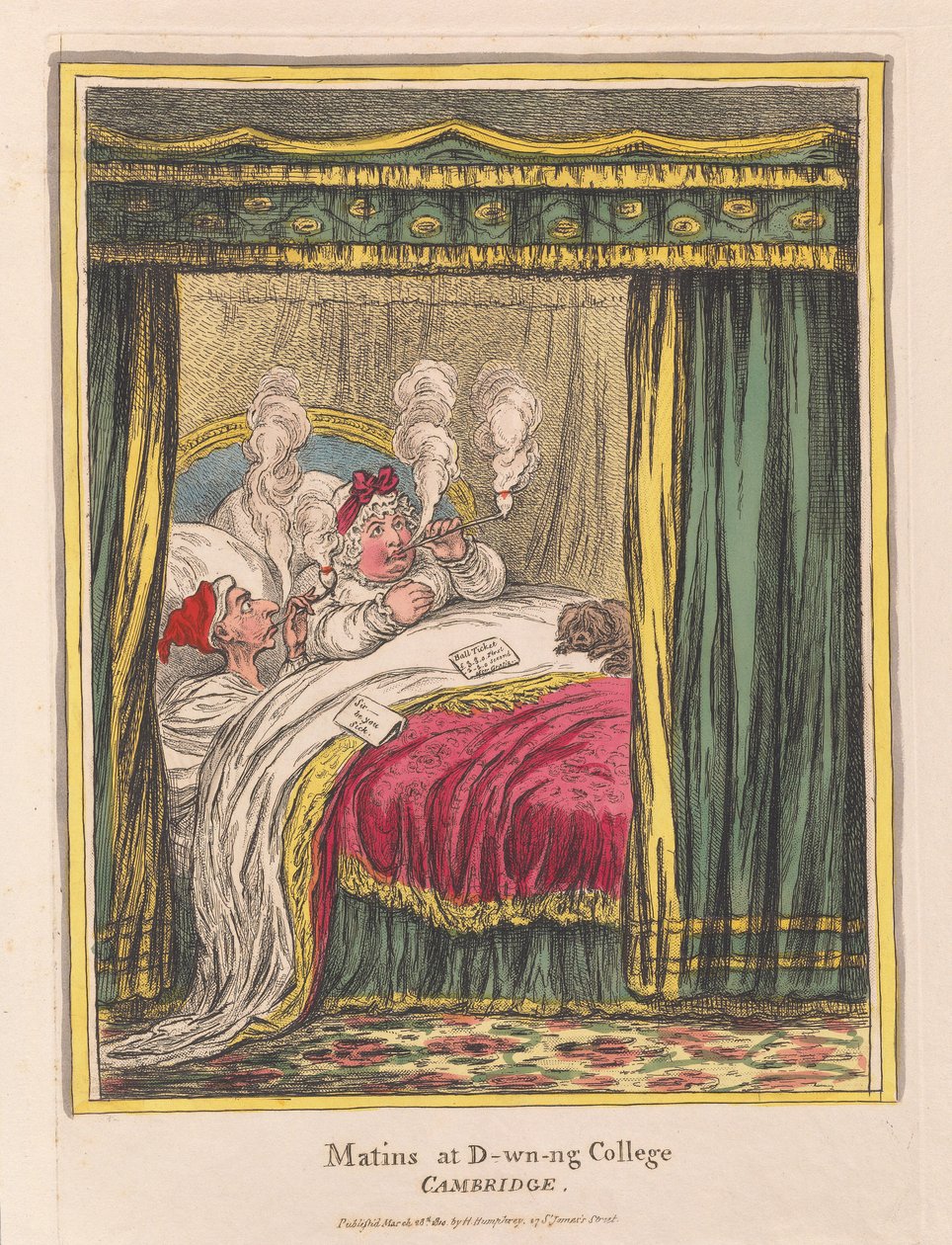 Matins at D-wn-ng College, Cambridge, pub. 1810 (käsin väritetty kaiverrus) tekijältä James Gillray