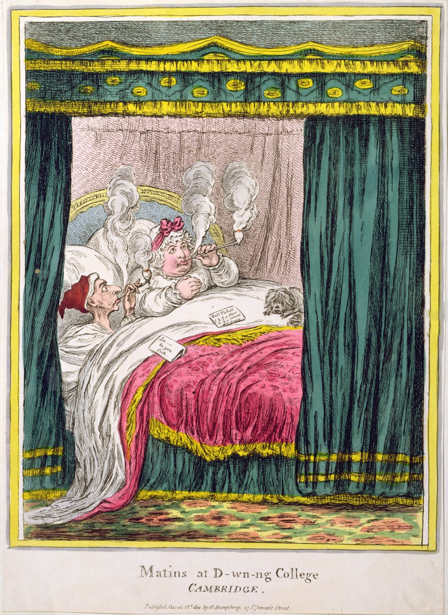 Matins at D-wn-ng College, Cambridge, julkaissut Hannah Humphrey vuonna 1810 (käsin väritetty etsaus). tekijältä James Gillray