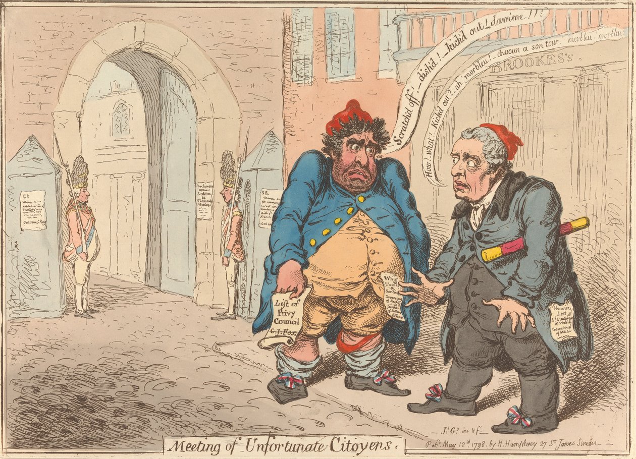 Onnettomien kansalaisten kohtaaminen. "Kahden epäsuosioon joutuneen patriootin järkytys" tekijältä James Gillray