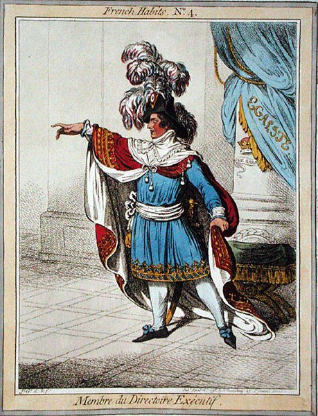 Membre du Directoire Executif, levy 4 Hannah Humphreyn vuonna 1798 julkaisemassa teoksessa "French Habits" (värillinen etsaus). tekijältä James Gillray