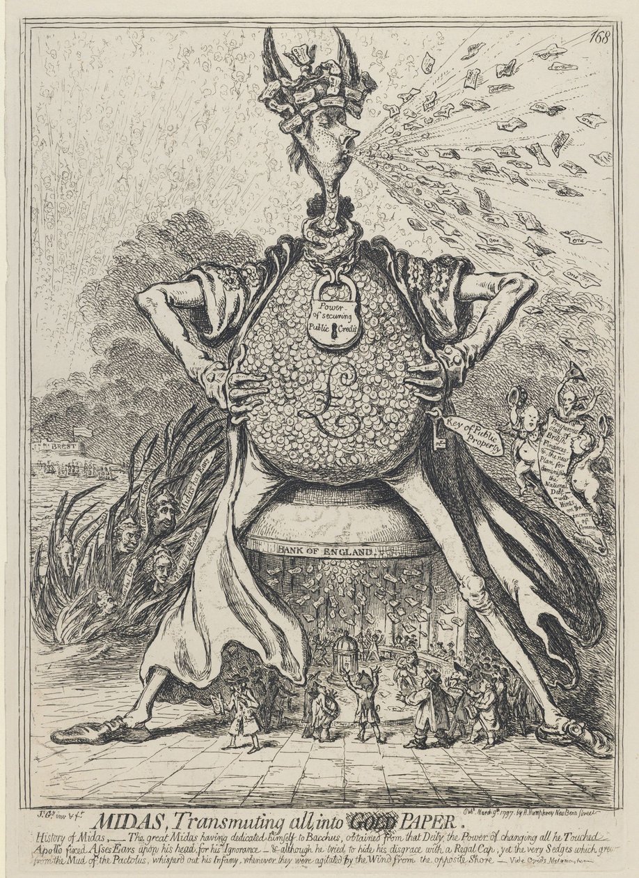 Midas, Muuttaa kaiken kultapaperiksi, 1797 tekijältä James Gillray