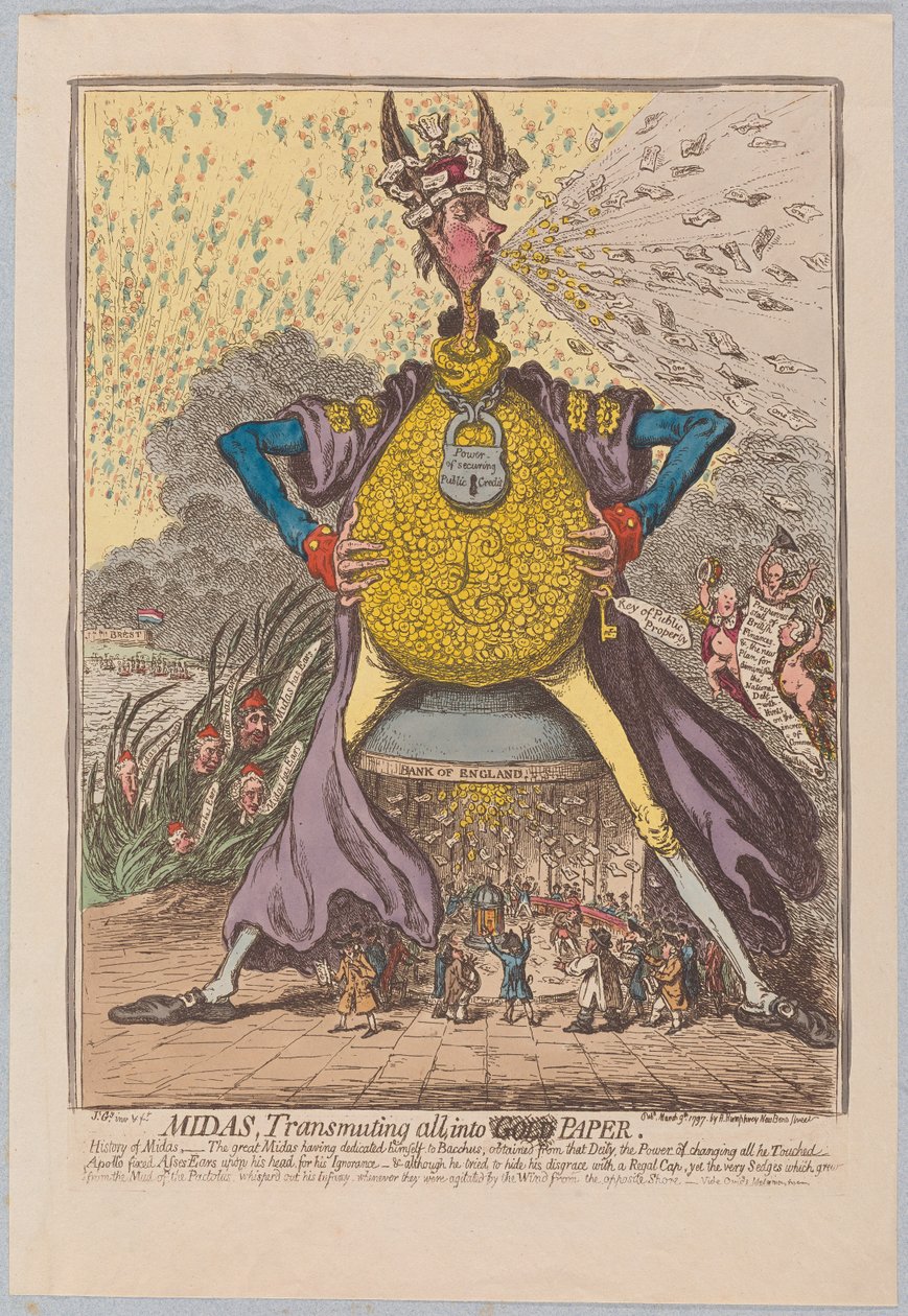 Midas, muuttaa kaiken [kultaksi] Paperi, pub. 1797 (käsinvärinen kaiverrus) tekijältä James Gillray