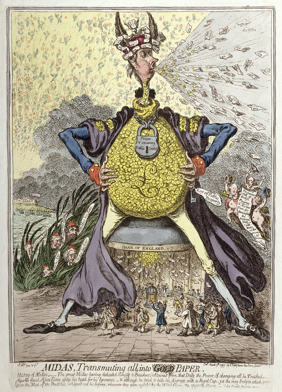 Midas Transmuting All into Gold Paper, julkaissut Hannah Humphrey vuonna 1797 (käsinvärinen etsaus) tekijältä James Gillray