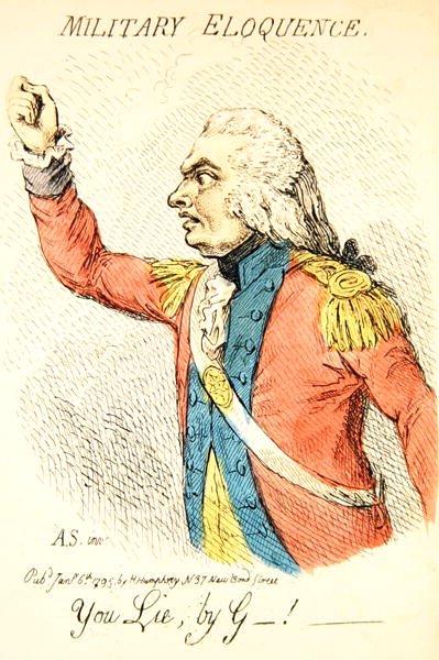 Military Eloquence, yksi kahdeksasta vinjetistä, jotka kuvaavat erityyppistä kaunopuheisuutta, julkaisija Hannah Humphrey vuonna 1795 (käsinvärinen kaiverrus) (yksityiskohta vuodelta 191281) tekijältä James Gillray