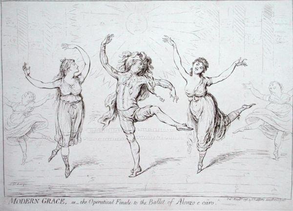 Modern Grace eli Alonzo e caron baletin oopperafinaali, Hannah Humphreyn vuonna 1796 julkaisema (kynä ja muste paperille) tekijältä James Gillray