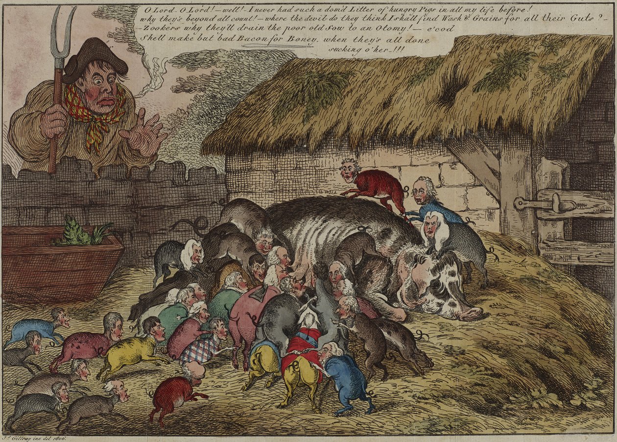 Enemmän sikoja kuin tutit, tai – uusi nälkäisten murujien pentue, joka imee John Bullin vanhan emakon kuoliaaksi, 9. toukokuuta tekijältä James Gillray