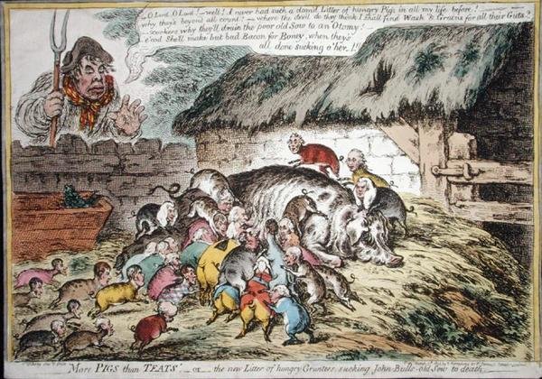 Enemmän sikoja kuin tunia, julkaissut Hannah Humphrey vuonna 1806 (käsinvärinen etsaus) tekijältä James Gillray