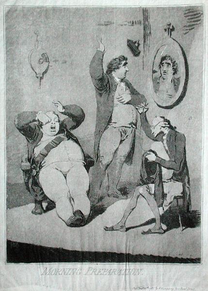 Aamuvalmistelut, Hannah Humphreyn julkaisema 1785 (etsaus). tekijältä James Gillray