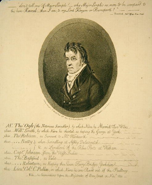 Mr. Thomas Ogle, pahamaineinen huijari, julkaisija Hannah Humphrey tekijältä James Gillray
