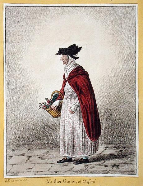 Rouva Rebecca Howse, joka tunnetaan nimellä "Mother Goose of Oxford", julkaisi Hannah Humphrey vuonna 1807 (käsinvärinen etsaus) tekijältä James Gillray
