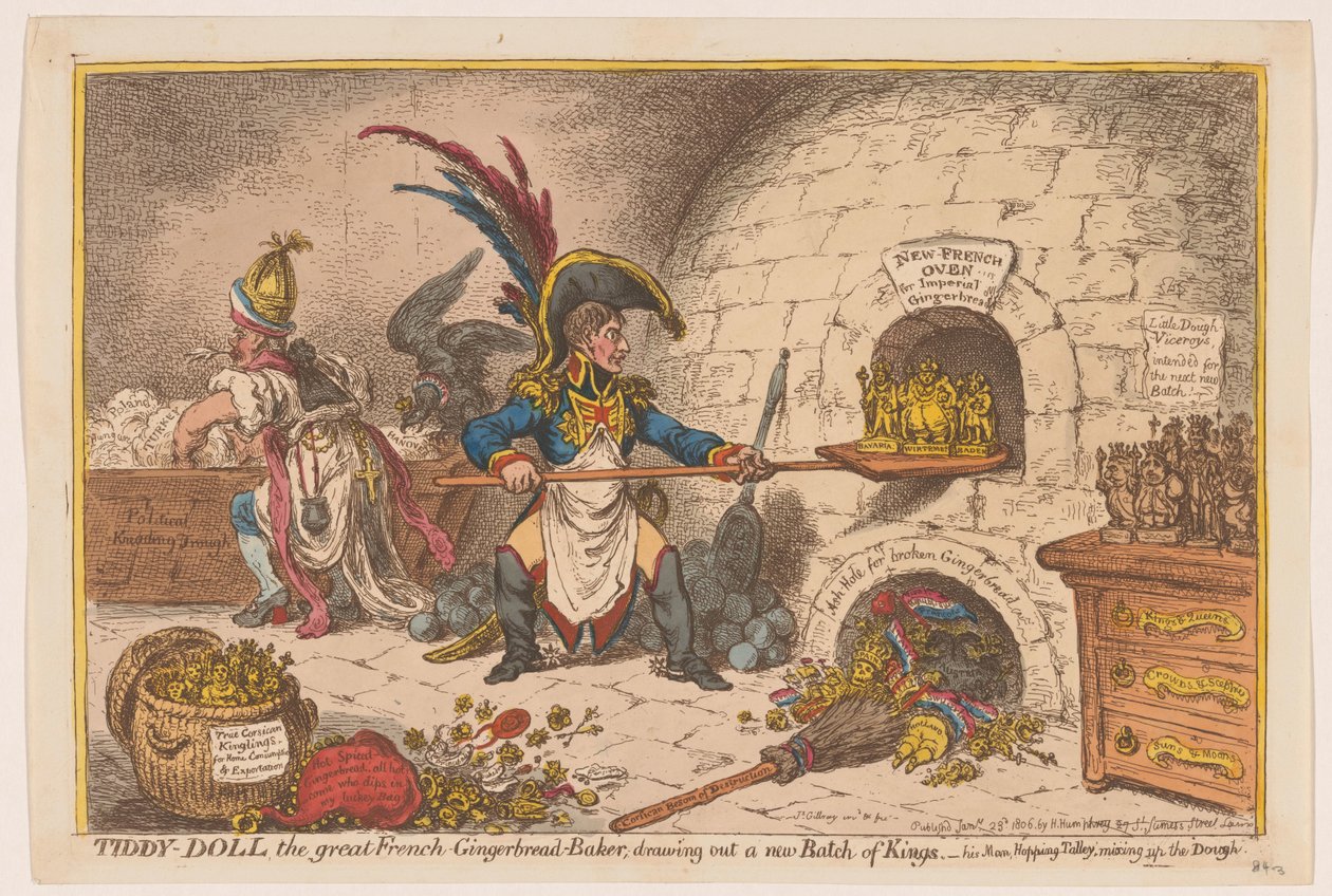 Napoleon leipoo uuden annoksen kuninkaita, 1806 Tiddy-Doll, suuri ranskalainen piparkakkuleipuri; uuden Kuninkaiden erän piirtäminen (otsikko esineessä) tekijältä James Gillray