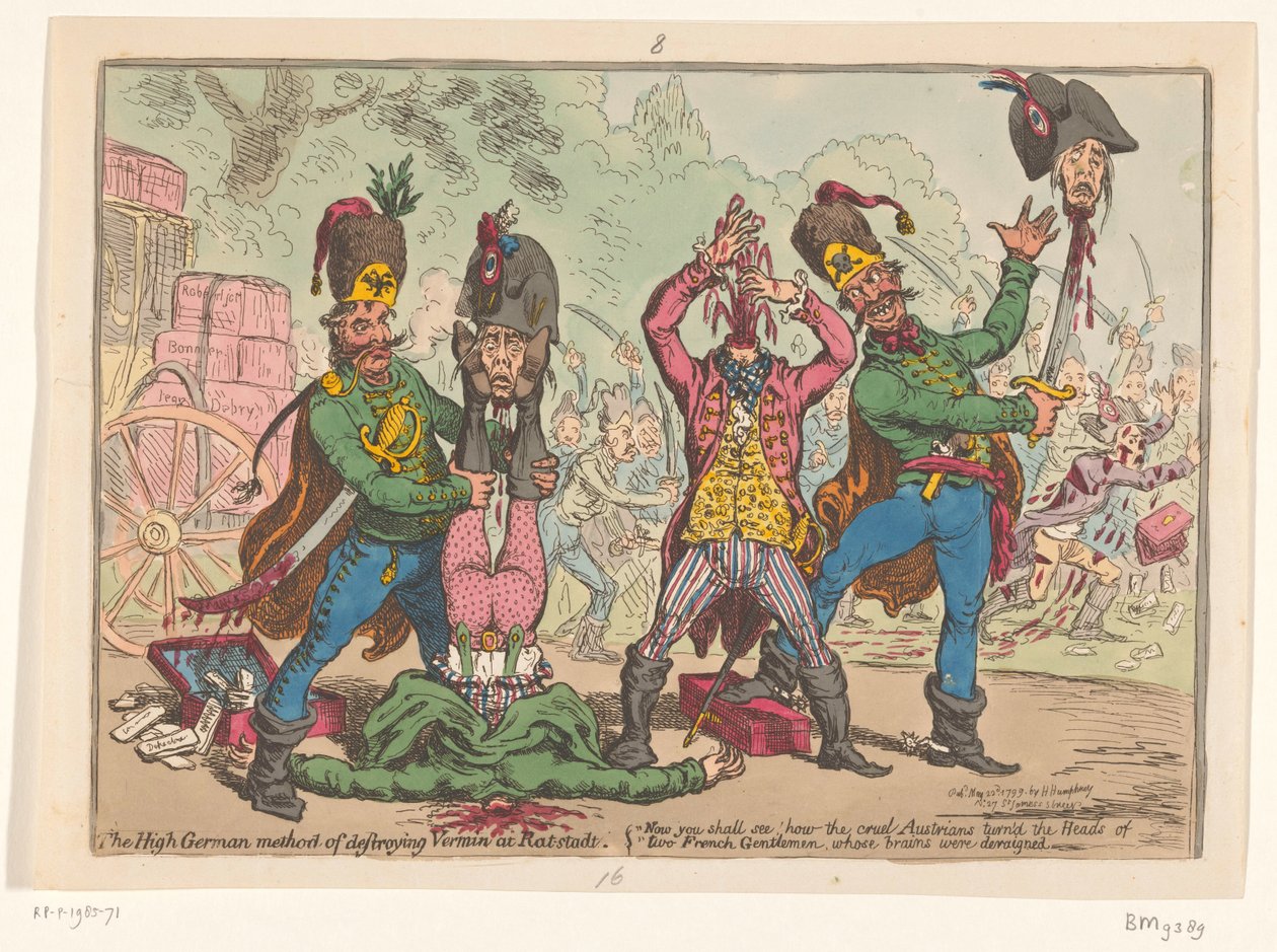 Itävaltalainen kohtelu Ranskan lähettiläitä kohtaan, 1799 Yläsaksalainen menetelmä tuhoeläinten tuhoamiseksi Rat-stadtissa (otsikko esineessä) tekijältä James Gillray