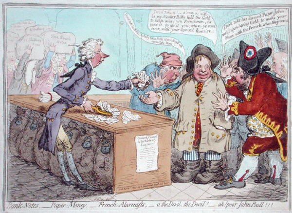 Budjetin avaaminen eli John Bull antaa polvihousunsa pelastaakseen pekoninsa, julkaisi Hannah Humphrey vuonna 1796 (käsinvärinen etsaus) tekijältä James Gillray