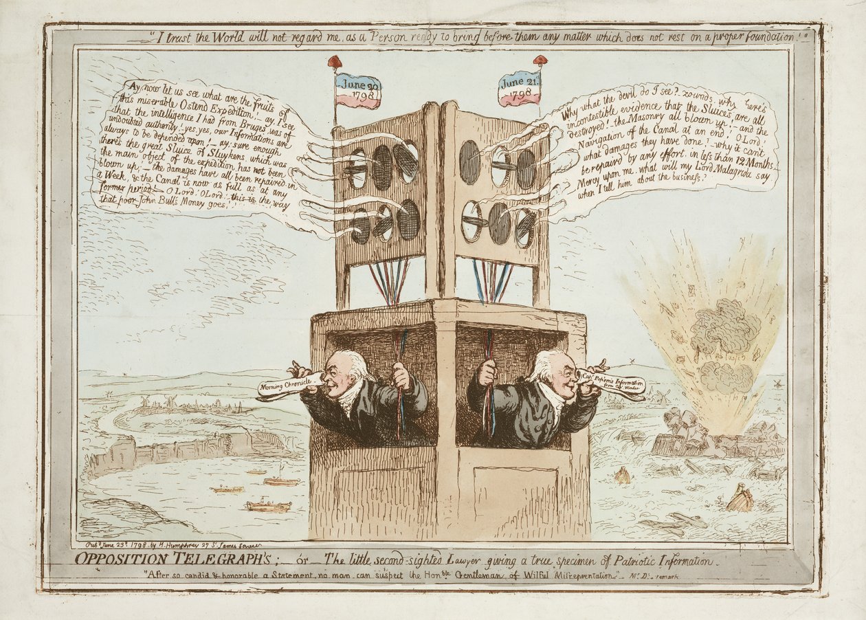 Opposition Telegraphs eli Pieni kakkosnäköinen asianajaja, joka antaa todellisen esimerkin isänmaallisista tiedoista, 21. kesäkuuta 1798 tekijältä James Gillray